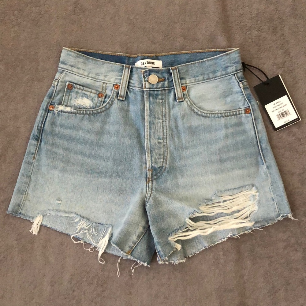 Re/Done Aged Indigo Destroy 90s Low Slung Denim Shorts Size 23